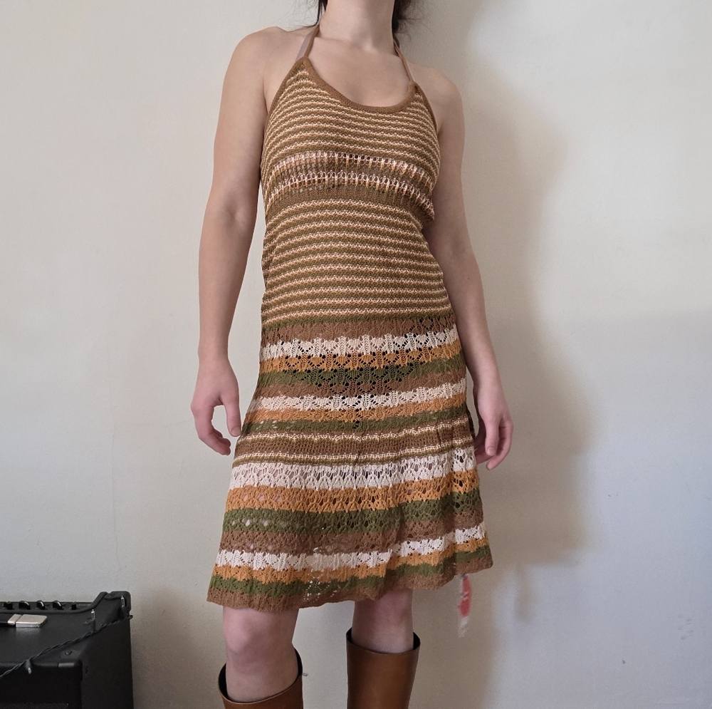 Brown and Cream Knit Halter Dress